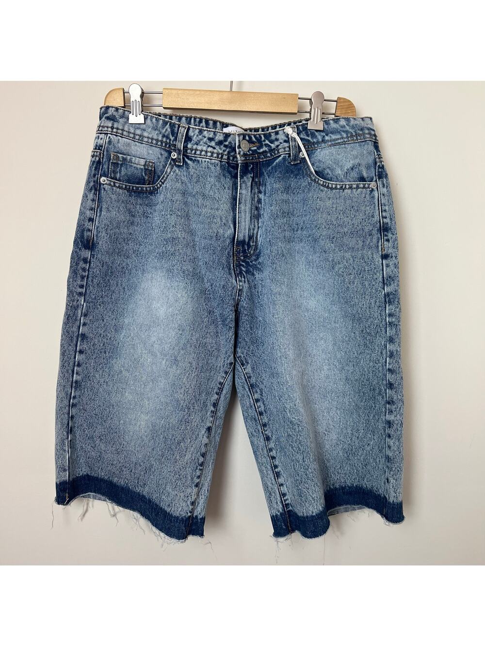 NEW Witty Fox Acid Wash Light Blue Denim Jorts Raw Edge Long Shorts 11 / 30
